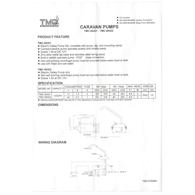 Pactrade Marine TMC Electric Galley Pump Set 12V 100GPH for