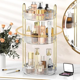 360° Rotating Clear Makeup Storage Rack, 3-Tier Adjustable Perfume Organizer, Multi-Function Spinning Cosmetics & Skincare Organizer for Bedroom, Dresser and Countertop. - Color: 3 Tier | Green