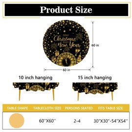 Tailus Merry Christmas Happy New Year 2025 Round Tablecloth 60x60 Inch, Black Gold Clock Star Decorative Table Cloth Dining Table Cover, Winter Firework Celebration Dinner Party Picnic Decoration