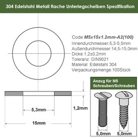 AMLOOPH Washers M5, Large Flat Washers M5 x 15 mm Thickness 1.2 mm Stainless Steel Washers DIN9021 A2 V2A (Pack of 100) M5 Washers Stainless Steel for Screws & Nuts & Threaded Rod
