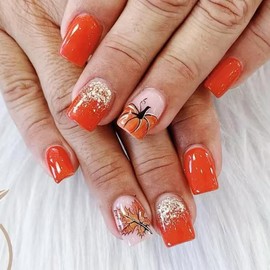 24Pcs Fall Press on Nails Short Square Fake Nails with Gold Glitter Designs Thanksgiving Day Maple Leaf Acrylic Nails Cute Pumpkin Stick on Nails Full Cover Red Brown False Nail Tips for Women