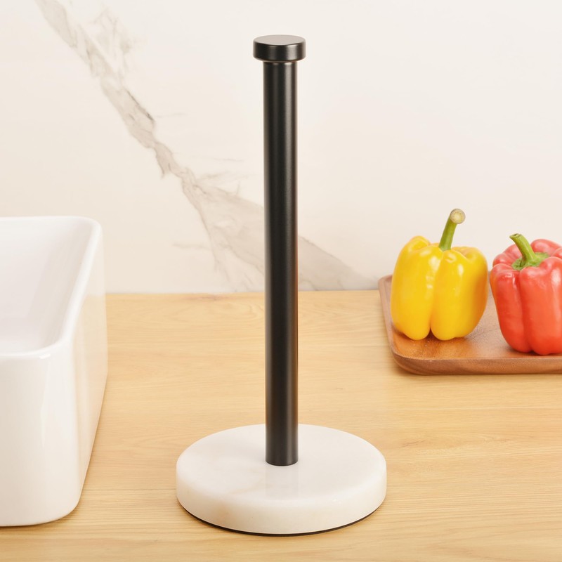 Kitchen Paper Towel Holder Countertop, Black Stainless Steel Rod, White