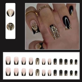 AkiliBIELY Square Press on Nails Medium Gold Black Bare French Tip Fake Nails Women Glue on Nails Acrylic Gel Stick on Nails Cute Glitter Fantasy Classy False Nails Wedding Birthday
