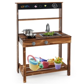 KOTEK Mud Kitchen for Kids, Fir Wood Outdoor Play Kitchen with 2 Stoves, Faucet & Sink, Blackboard, Cooking Accessories, Kids Mud Kitchen for Backyard Garden
