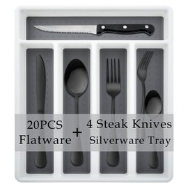 24-Piece Silverware Set with Flatware Drawer Organizer, HaWare Stainless Steel Cutlery Set with 4 Steak Knives, Eating Utensils Set Service for 4, Mirror Polished, Dishwasher Safe-Black
