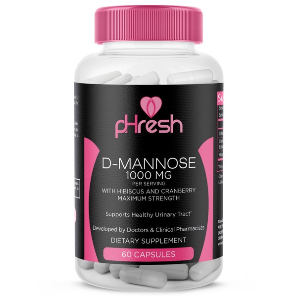 ACE NUTRITION pHresh D-Mannose with Cranberry Capsules for Women and Men, Maximum Strength 1000 mg Per Serving - Supports: Urinary Tract Health - Made in The USA
