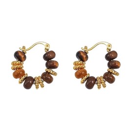 DIAMANTIO 18K Gold Plated, Tiger Eye Beaded Hoop Earrings for Women – Small Brown Resin & Gold Textured Bead Statement Hoops – Elegant Boho Jewelry for Daily Wear or Gifts