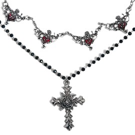 Vintage Gothic Cross Necklace for Women Stacked Layering Double Layered Necklaces for Women Red Heart Charm Choker Long Big Chunky Rose Flower Cross Pendant Charm Black Bead Chain Y2k Jewelry Set (01)