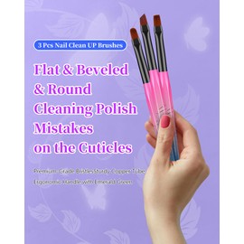3PCS Nail Polish Clean Up Brush, Round&flat&Bevel Acetone Resistant Nail Brush for OPI Nail Polish Remover, Fingernail Cleaning Brushes at Home Nail Art and Designs(Gilded Pink Blue)