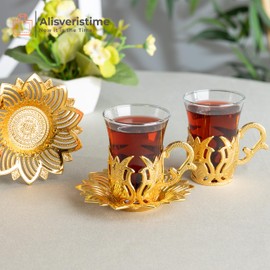 Alisveristime (Set of 2) Turkish Tea Set with Zamac Holders, Glass Cups, and Saucers – Ahsen Ottoman Design, 100ml Capacity, Available in Gold or Silver Color (Gold)