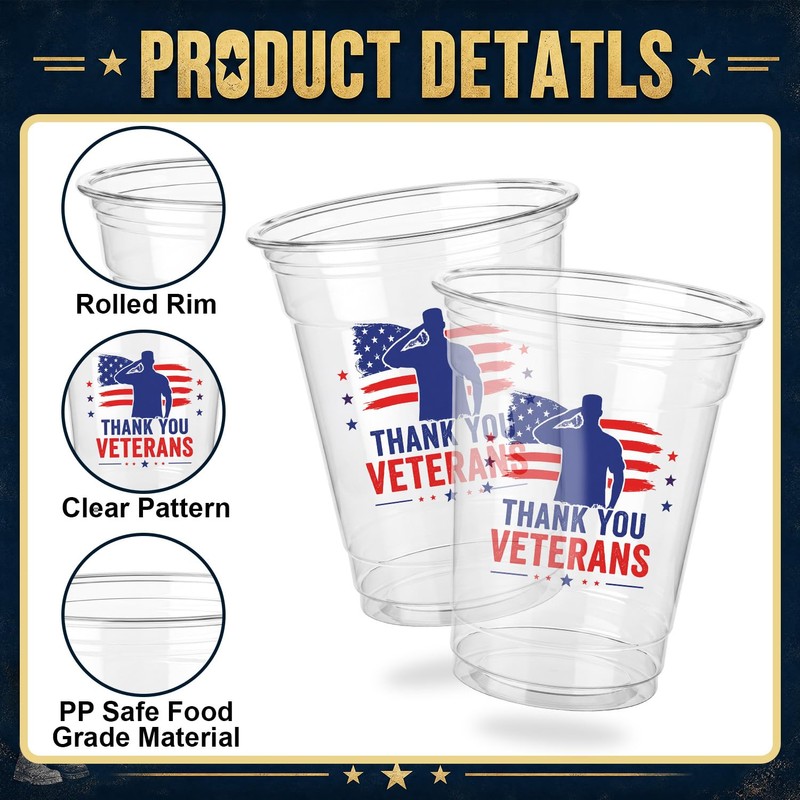 50 Pcs Veterans Day Plastic Cups,12oz Veterans Day Decorations