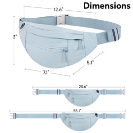 Frenou Large Waist Bag With 4-Zipper Pockets-Fanny Pack For Women And Man-Crossbody Belt Bag With Adjustable Strap For Travel Running Hiking Walking Workout Light Blue