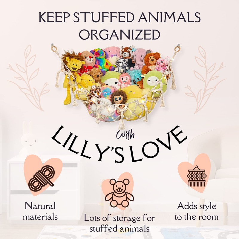 Stuffed Animal Storage Macrame Hammock w/String Lights for Flat Walls,