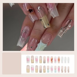 RIICFDD Long Square Press on Nails French Tip Fake Nails Colorful Acrylic Nails Curve Glue on Nails Star Butterfly Nail Charms Full Cover Reusable False Nails for Women Nail Decoration 24 Pcs