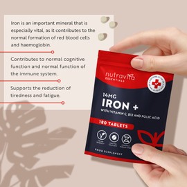 Iron Tablets High Strength 14mg – 180 Vegan Iron Tablets, 6 Month Supply - High Absorption Iron Supplements for Women & Men - with Vit C, B12, Folic Acid - Reduction of Tiredness & Fatigue - Nutravita