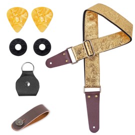 Haecsfl Adjustable Guitar Strap Includes 2 Strap Locks & 2 Matching Picks & 1 Picks Holder & 1 leather Strap Button.Leather ends Guitar Shoulder Strap(1-Carved5 Light Gold)