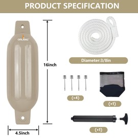 ORLANG 4.5in X 16in Boat Fenders, Boat Bumpers for Docking 4 Pack, Inflatable Ribbed Twin Eyes Vinyl Boat Bumpers Fenders, Pontoon Bumpers with Air Pump,Ropes,Needles and Storage Bag - Sand