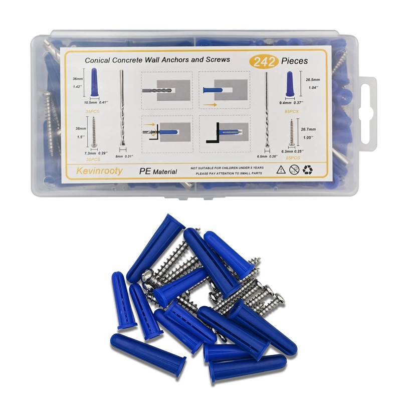 Kevinrooty Conical Concrete Wall Anchors and Screws Kit,240 Pcs Wall