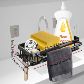 ZACHMEST Sink Organiser, Sponge Holder, Kitchen Sink Organiser with Dish Cloth Holder and Two Hooks, Metal Hanging Black Kitchen Bathroom Organiser - No Drilling Required