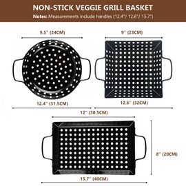 Waykea 3-Piece Grill Baskets Set, Small & Medium Non-stick BBQ Pan Set with Handles, Outdoor Grilling Accessory for Veggies & Meats, Camping Cookware for Grills & Smokers, Perfect Holiday Gift for Men