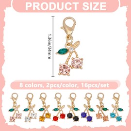 DELORIGIN 16pcs Cherry Rhinestone Shoe Charms, 8 Colors Alloy Bling Shoe Pendant Gold Shoe Clips Hanging Decoration Shoe Buckles Pendant with Ring for Shoe Keychain Bag Decor Birthday Festival Present