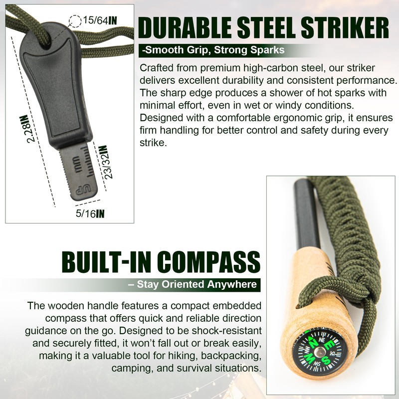 Nihtdoy Ferro Rod Fire Starter – Carbon Steel Striker &