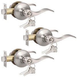 Knobonly 3 Pack Keyed Alike Satin Nickel Entrance Door Handle, Reversible Wave Style Exterior Keyed Entry Door Lever