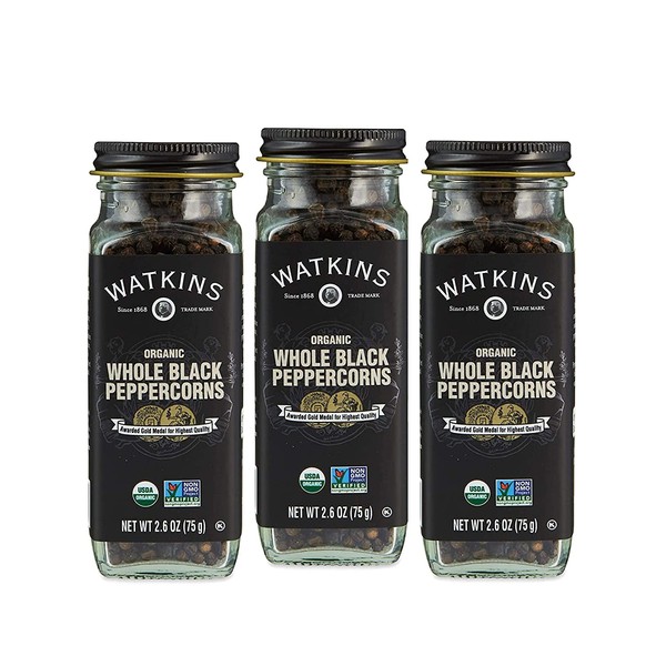 Watkins Gourmet Organic Spice Jar, Whole Black Peppercorns, 2.6 oz. Bottle, 3-Pack