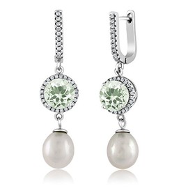 Gem Stone King Cultured Freshwater Pearl and Gemstone Birthstone Drop Dangle Earrings For Women | 925 Sterling Silver | 11X8MM Pearl and 8MM Gemstone Birthstone