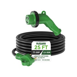 RVGUARD 30 Amp 25 Foot RV Power Cord with 135 Degree, Heavy Duty 10/3 Gauge STW Cord with LED Power Indicator, 30 Amp Male Standard to 30 Amp Female Locking Connector, Green, ETL Listed