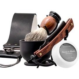 Grandslam - Kit de afeitar recto para afeitar, de acero con punta de piel, cepillo para polvo de afeitar, tazón y soporte de acero inoxidable, jabón de afeitar, regalo para hombres