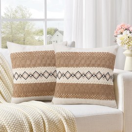 Pyonic Pack of 2 Boho Throw Pillow Covers 18x18 Inch Farmhouse Decorative Throw Pillows for Bed Sofa Living Room,Beige Modern Cushion Cover Couch Pillows Cover Home Decor