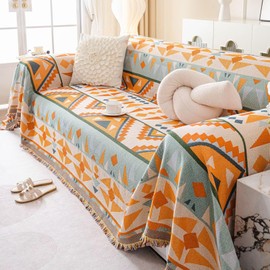 VClife Boho Couch Cover Washable Sofa Slipcover with Tassel, Large Sectional Sofa Cover for Dog Washable Cotton Linen Colorful Geometry Cushion Couch Cover for Living Room Versatile Sofa Protector