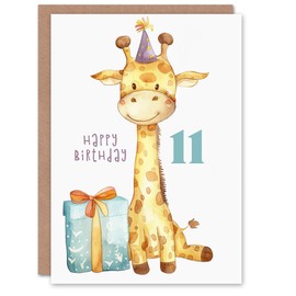 Artery8 11th Birthday Card Cute Baby Giraffe in Party Hat Cartoon Kids Age 11 Year Old Child For Son Daughter Girl Boy Happy Card