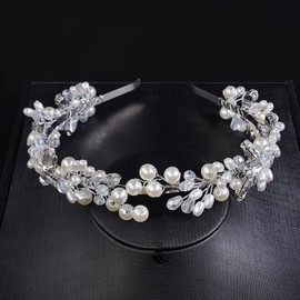 JWICOS Crystal Bridal Headband Silver Pearl Wedding Headpieces for Bride Tiara Wedding Hair Accessories for Women Prom Party Pageant