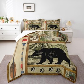 Rustic Farmhouse Comforter Set Full, Retro Hunting Bear Bedding Comforter Sets for Kids Boys, Lake House Decor Bedding for The Home, Cabin Lodge Paddle Decor Down Comforter, Moose Wildlife Duvet Set