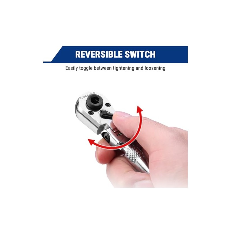 WORKPRO 1/4" Drive Stubby Ratchet, 2-In-1 Socket Wrench Flex Head