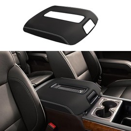 XYHGM Car Center Console Armrest Cover for Chevy Silverado & GMC Sierra 2014 2015 2016-2018 Leather Anti-Scratch Central Arm Rest Box Lid Seat Cover Protector Accessories(W/Bucket Seat,White Stitches)