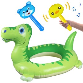 Aruatu 3 Pack Pool Inflatables for Minors, Dinosaur Rubber Ring with 2 Pcs 10Inch Pneumatic Hammer Durable Swimming Ring Pool Floats Toys for Summer Beach Water Sports Party