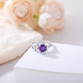 FYBIOD Leaf Design Vine Natural Amethyst Ring for Women Sterling Silver Twig Art Deco Round Amethyst Engagement Ring Jewelry Gift for Her Size 7