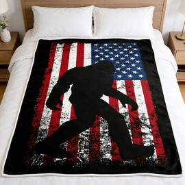 JAWO Bigfoot American Flag Throw Blanket, Vintage Flannel Patriotic Sasquatch Blanket for Couch Bed, Bigfoot Bigfoot Blanket for Men Women Funny Birthday Unique Sasquatch Gifts, Bed 50"x60"