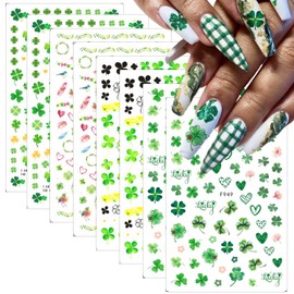 8Pcs St. Patrick's Day Nail Art Stickers- Irish Green Four-Leaf Clover Leaf Nail Decals 3D Self Adhesive Nail Design Shamrock Nail Stickers Summer Nail Supplies for St. Patrick's Day DIY Nail Decor