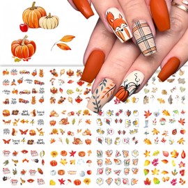 12Pcs Fall Nail Art Stickers, Autumn Nail Art Water Decals Transfer Nail Supplies Thanksgiving Cute Maple Leaves Turkeys Pumpkins Acrylic Nail Accessories Manicure DIY Nail Art Decoration for Women