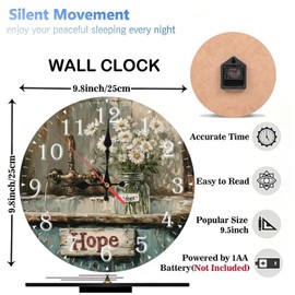 10-Inch Silent Wooden Wall Clock, Daisies in Mason Jar Near Antique Clock ” Silent Non-Ticking Clock, Battery Operated (AA Batteries Not Included), Artistic Home Decor