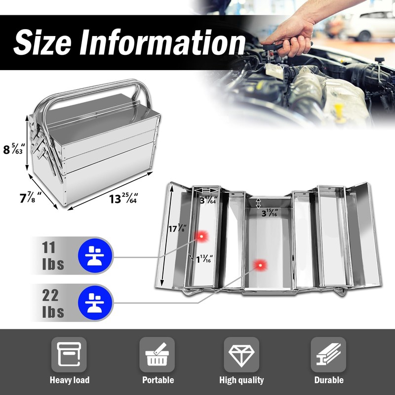 FITHOIST Metal Cantilever Tool Box, 3-Tier 5 Tray Fold Out
