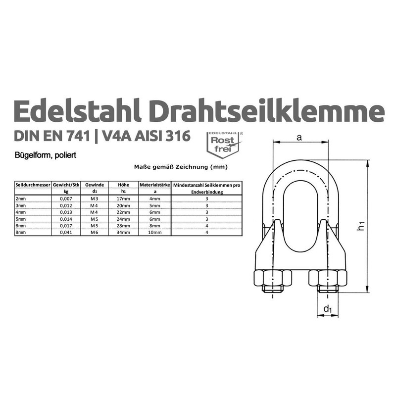 Drahtseile24 Stainless Steel Rope Set with 3 x Rope Clamps,