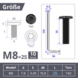 Dayalo Flat Head Screws, M8 Screws, Black, Torx Screws, Machine Screws, Full Thread, Stainless Steel, A2 V2A Furniture Screws, Pack of 10, M8 x 25 mm, with Torx Key