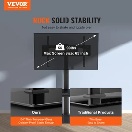VEVOR TV Stand Mount, Adjustable Swivel Floor Stand for 32-65 Inch TVs, Portable with Tempered Glass Base, Height Adjustable for Living Room or Bedroom