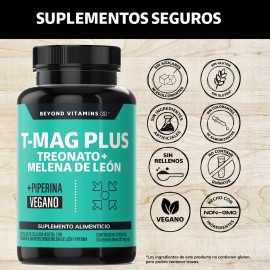 T-mag L- Treonato Magnesio Plus  Treonato, Melena De Len  Con Piperina Al 95  Magnesium Threonate  Magnesio Complex - Pimienta Negra - Vitaminas...   