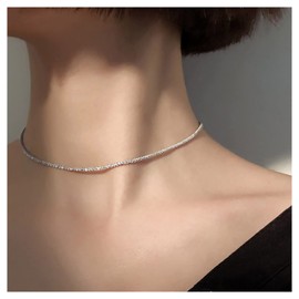 Inilbran Gypsophila Necklace Choker Silver Shiny Choker Necklace Sparkling Necklace Minimalist Chain Necklace Jewellery for Women and Girls, Metal